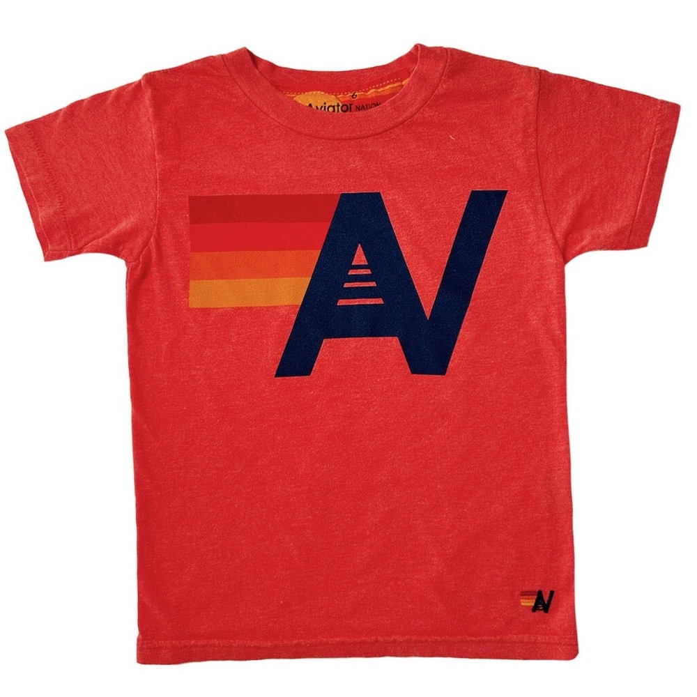 Aviator Nation Kids Red Tee with Navy 'AV' Logo and Orange Stripes